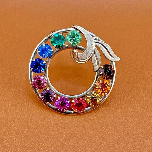 Van Dell Jewelry - Vintage Van Dell GF Brooch Multicolor Rhinestone Rainbow Circle Wreath Signed